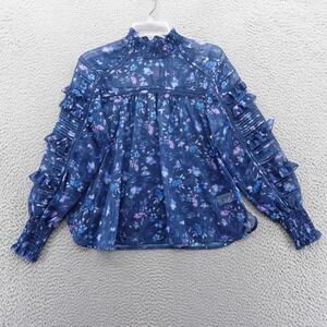 French Connection Womens Blue Floral Metallic Mock Neck Ruffle Blouse XS NEW‎